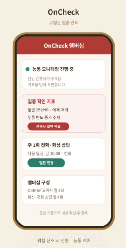 OnCheck — 고밀도 맞춤 관리 멤버십 화면 (사업계획서 V4.2)